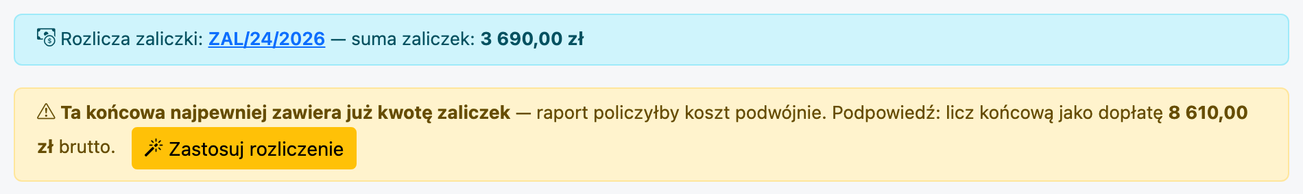 Ostrzeżenie o podwójnym liczeniu z przyciskiem „Zastosuj rozliczenie