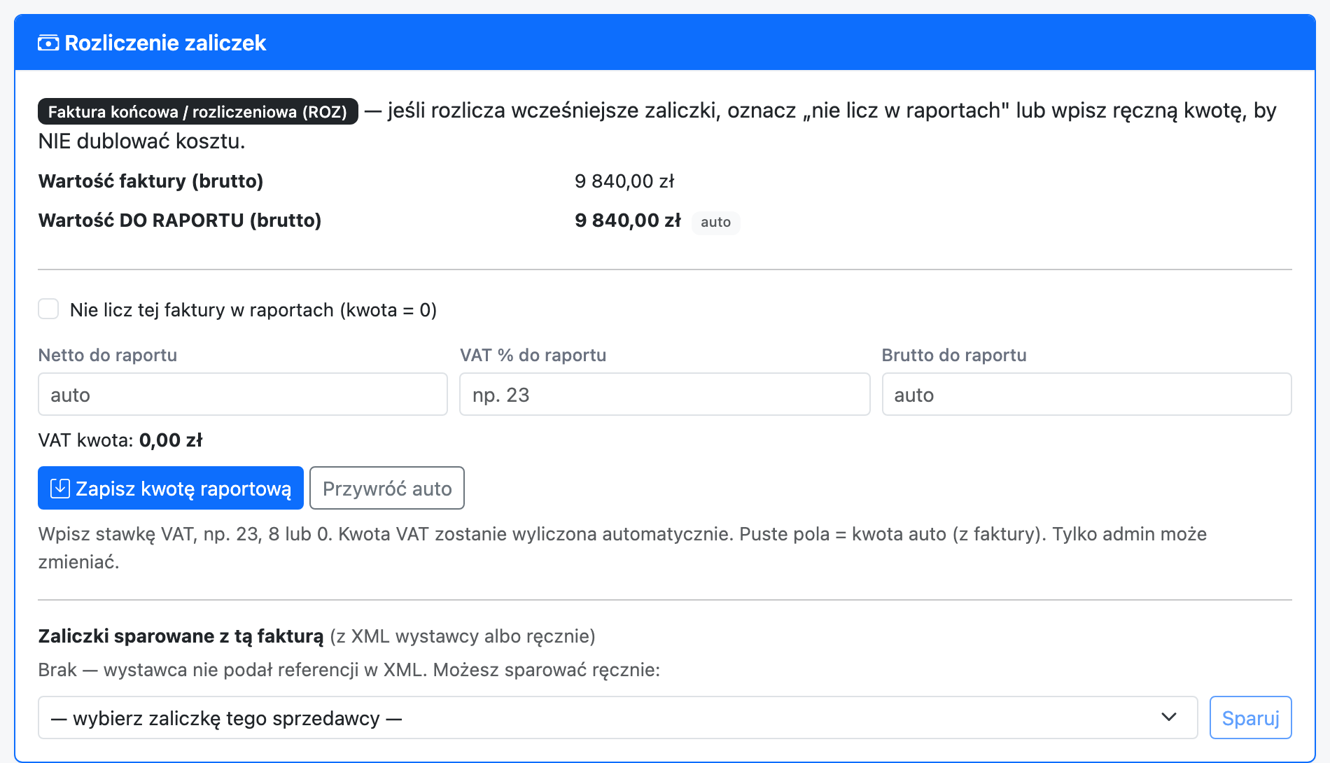 Ręczne parowanie zaliczki z listy w karcie Rozliczenie zaliczek